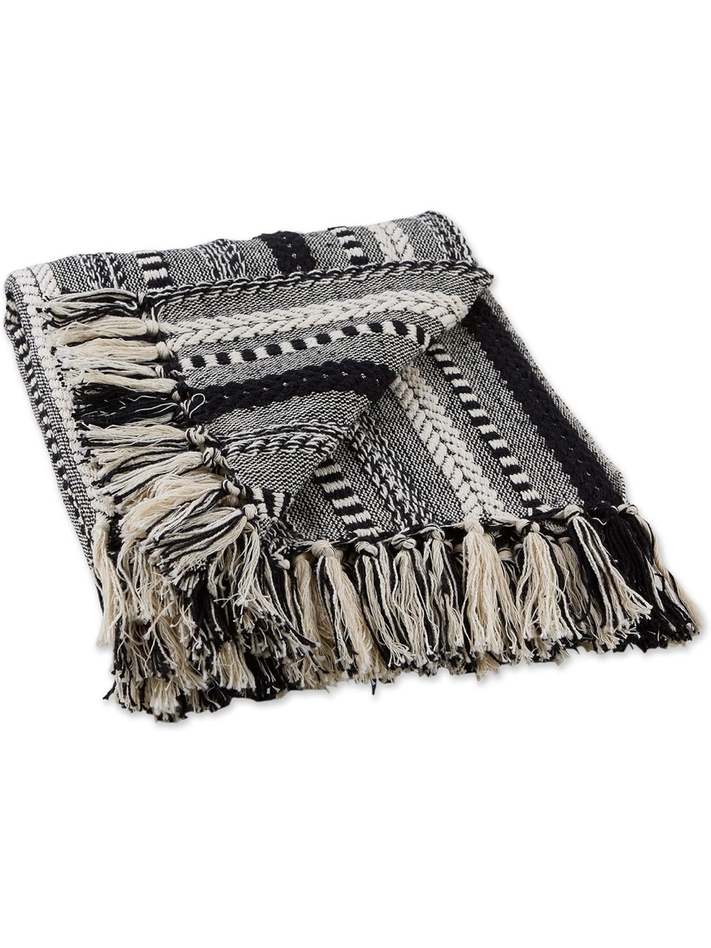 Black & Cream Woven Fringe Throw Blanket